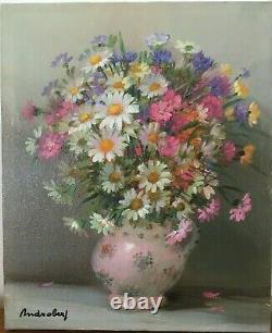 Peinture Ancienne Signée ANDROBERT XXe Tableau HST Fleurs Vintage Oil On Canvas
