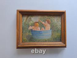 Peinture Ancienne huile Personnage Scène Enfants Tableau Miniature Encadré Signé