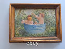 Peinture Ancienne huile Personnage Scène Enfants Tableau Miniature Encadré Signé
