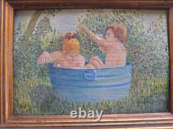 Peinture Ancienne huile Personnage Scène Enfants Tableau Miniature Encadré Signé