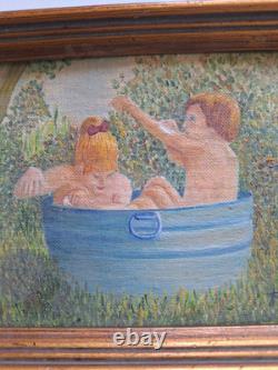 Peinture Ancienne huile Personnage Scène Enfants Tableau Miniature Encadré Signé