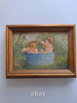 Peinture Ancienne huile Personnage Scène Enfants Tableau Miniature Encadré Signé