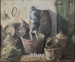 Peinture Tableau ancien Le vignreron XIX -XX em siècle vin raisin