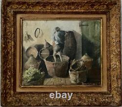 Peinture Tableau ancien Le vignreron XIX -XX em siècle vin raisin