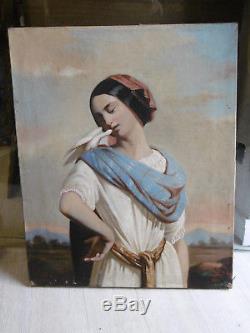 Peinture ancienne JEUNE FEMME à la COLOMBE Signé J. Bouyer 1862 Tableau 61x50cm