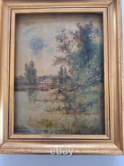 Peinture ancienne école de barbizon paysage arbres tableau encadré signé