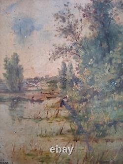 Peinture ancienne école de barbizon paysage arbres tableau encadré signé