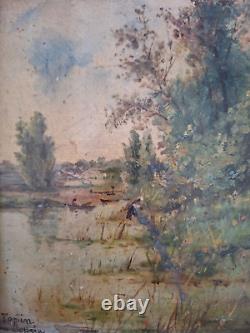 Peinture ancienne école de barbizon paysage arbres tableau encadré signé