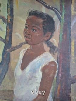Peinture ancienne huile Sur toile portrait enfant jeune fille madagascar tableau