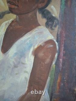 Peinture ancienne huile Sur toile portrait enfant jeune fille madagascar tableau