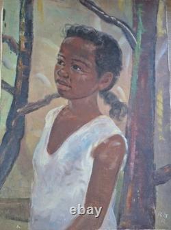 Peinture ancienne huile Sur toile portrait enfant jeune fille madagascar tableau