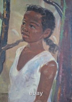 Peinture ancienne huile Sur toile portrait enfant jeune fille madagascar tableau