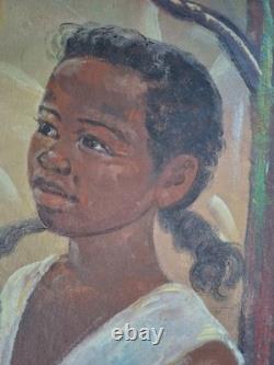 Peinture ancienne huile Sur toile portrait enfant jeune fille madagascar tableau