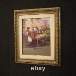 Peinture huile sur panneau tableau scène populaire personnages style ancien 900