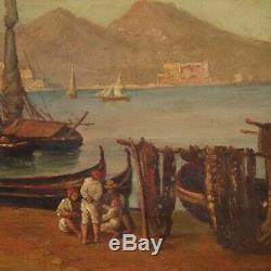 Peinture marine paysage tableau style ancien huile sur toile port de Naples 900