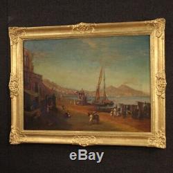 Peinture marine paysage tableau style ancien huile sur toile port de Naples 900