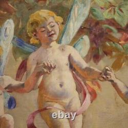 Peinture naif tableau vintage huile toile style ancien angelots 20ème siècle