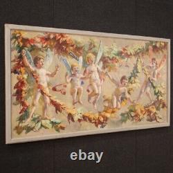 Peinture naif tableau vintage huile toile style ancien angelots 20ème siècle