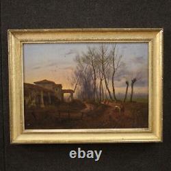 Peinture tableau ancien huile sur toile 19ème siècle paysage personnages cadre