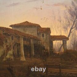 Peinture tableau ancien huile sur toile 19ème siècle paysage personnages cadre