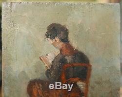 Petit Tableau Ancien Huile Femme Chaise Lecture 1911 Monogramme Emile Bernard