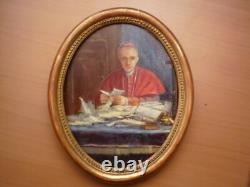 Petit Tableau Ancien Ovale Portrait Cardinal Huile Sur Carton Fort Encadre