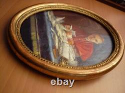 Petit Tableau Ancien Ovale Portrait Cardinal Huile Sur Carton Fort Encadre