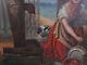 Petit Tableau Ancien Peinture Huile Animal Chien Femme Fille Enfant XIXeme 19eme