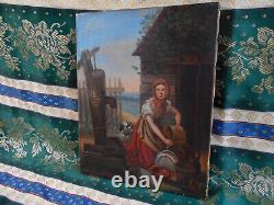 Petit Tableau Ancien Peinture Huile Animal Chien Femme Fille Enfant XIXeme 19eme