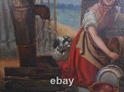 Petit Tableau Ancien Peinture Huile Animal Chien Femme Fille Enfant XIXeme 19eme