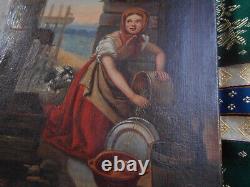 Petit Tableau Ancien Peinture Huile Animal Chien Femme Fille Enfant XIXeme 19eme