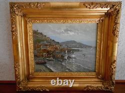 Petit Tableau Ancien Peinture Huile Bois HSB Marine Bord de Mer Bretagne Bateaux