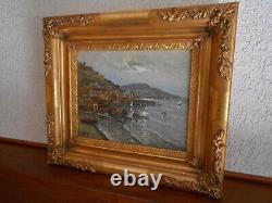 Petit Tableau Ancien Peinture Huile Bois HSB Marine Bord de Mer Bretagne Bateaux