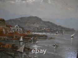 Petit Tableau Ancien Peinture Huile Bois HSB Marine Bord de Mer Bretagne Bateaux