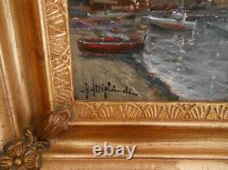 Petit Tableau Ancien Peinture Huile Bois HSB Marine Bord de Mer Bretagne Bateaux