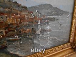 Petit Tableau Ancien Peinture Huile Bois HSB Marine Bord de Mer Bretagne Bateaux