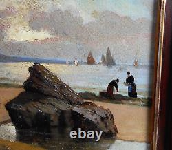 Petit Tableau Ancien Peinture Huile Marine Bord de Mer Bretagne Bateaux Voilier