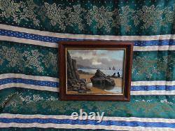 Petit Tableau Ancien Peinture Huile Marine Bord de Mer Bretagne Bateaux Voilier
