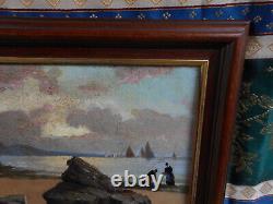 Petit Tableau Ancien Peinture Huile Marine Bord de Mer Bretagne Bateaux Voilier