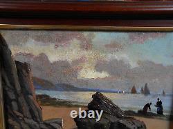 Petit Tableau Ancien Peinture Huile Marine Bord de Mer Bretagne Bateaux Voilier