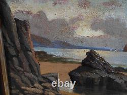 Petit Tableau Ancien Peinture Huile Marine Bord de Mer Bretagne Bateaux Voilier