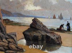 Petit Tableau Ancien Peinture Huile Marine Bord de Mer Bretagne Bateaux Voilier