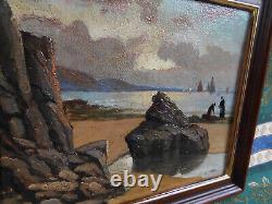 Petit Tableau Ancien Peinture Huile Marine Bord de Mer Bretagne Bateaux Voilier