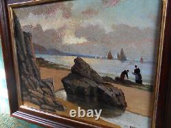 Petit Tableau Ancien Peinture Huile Marine Bord de Mer Bretagne Bateaux Voilier