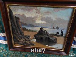 Petit Tableau Ancien Peinture Huile Marine Bord de Mer Bretagne Bateaux Voilier