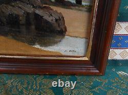 Petit Tableau Ancien Peinture Huile Marine Bord de Mer Bretagne Bateaux Voilier