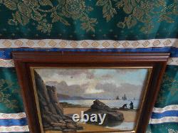 Petit Tableau Ancien Peinture Huile Marine Bord de Mer Bretagne Bateaux Voilier