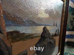 Petit Tableau Ancien Peinture Huile Marine Bord de Mer Bretagne Bateaux Voilier