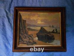 Petit Tableau Ancien Peinture Huile Marine Bord de Mer Bretagne Bateaux Voilier
