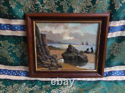 Petit Tableau Ancien Peinture Huile Marine Bord de Mer Bretagne Bateaux Voilier